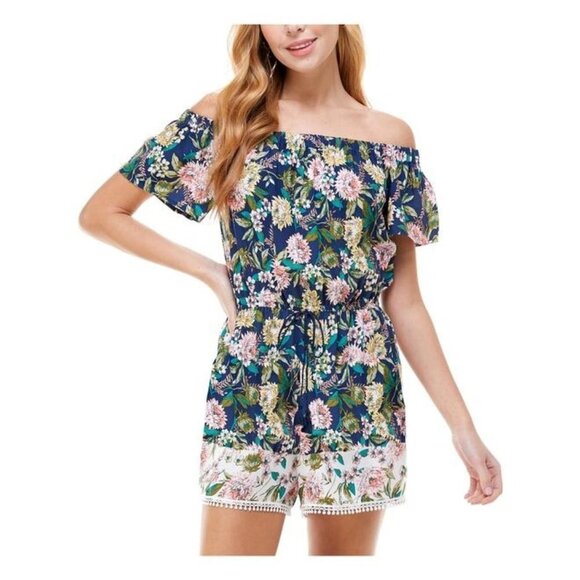 BEBOP Womens Navy‎ Ruffled Floral Off Shoulder Romper Size XS - Picture 1 of 9